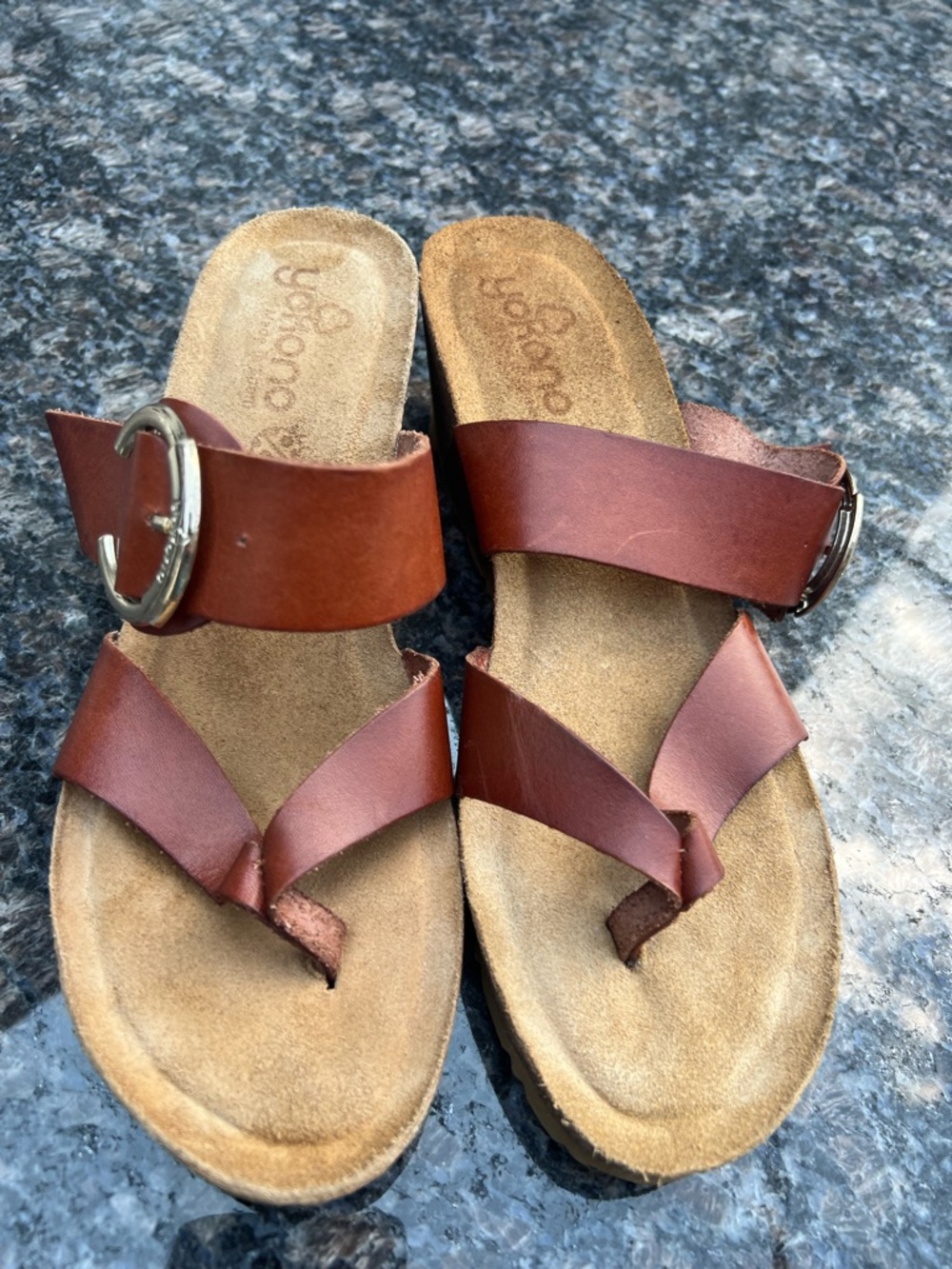 Yokono Cork Wedge Leather Sandals Brown Buckle Made In Spain Size 9.5